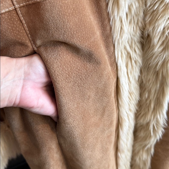 Wilsons Leather tan suede leather faux fur trim midi length Penny Lane jacket L - Picture 9 of 13